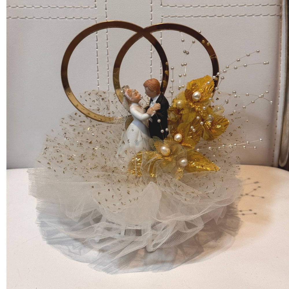 vintage‎ 7" Wedding Cake Topper white gold 2 rings tulle Made in Hong Kong